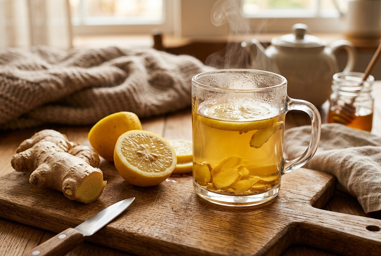 Steaming ceramic mug of simmered ginger lemon drink with fresh ginger rhizome