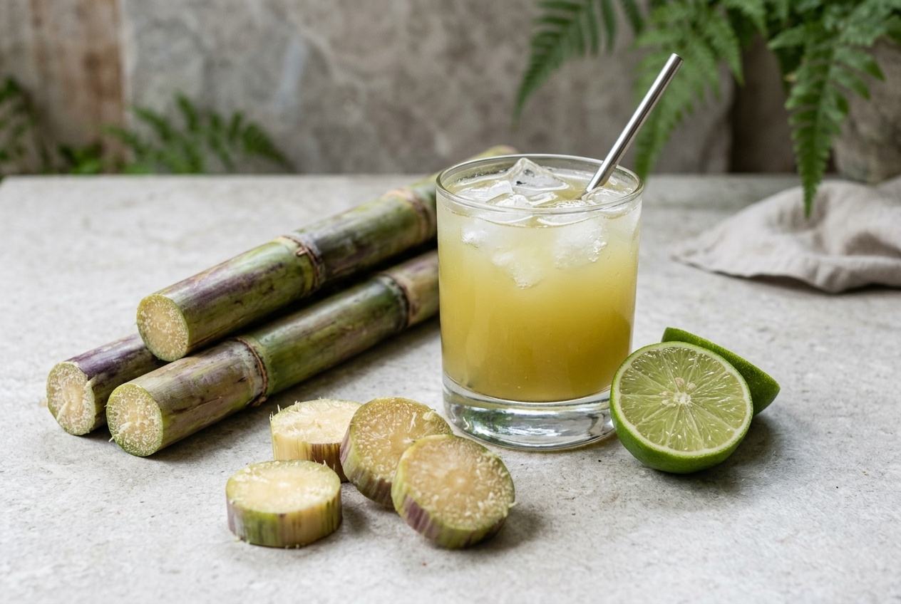 Fresh sugarcane stalks beside a clear glass of sugarcane juice and lime