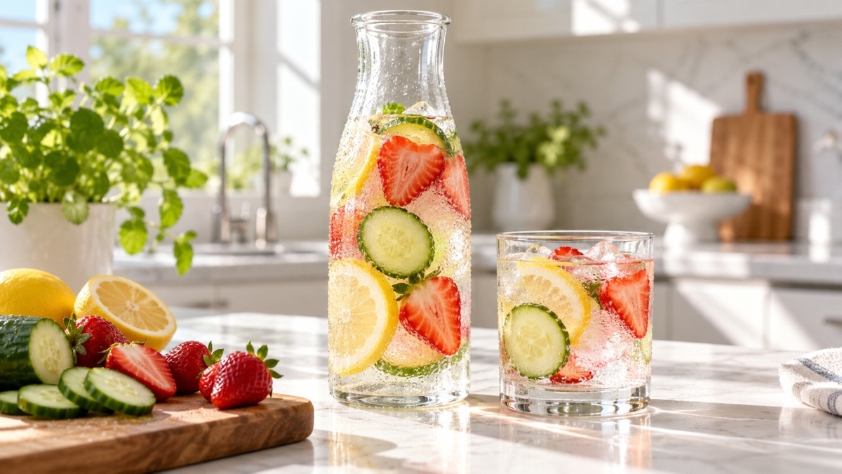 A sleek clear bottle of fruit-infused probiotic water with strawberries, cucumber, and lemon slices beside a poured glass with ice