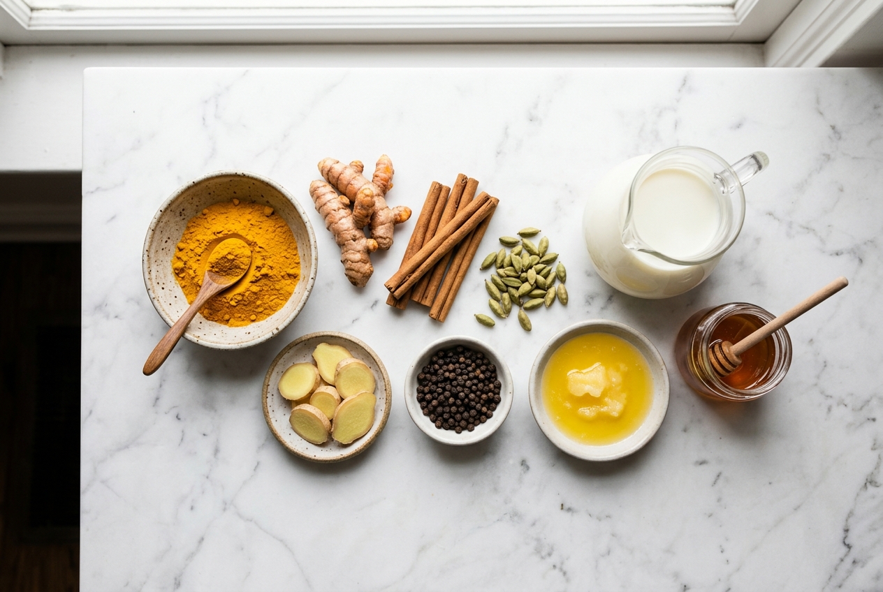 Golden milk ingredients with turmeric, black pepper, ginger, cinnamon, cardamom and milk