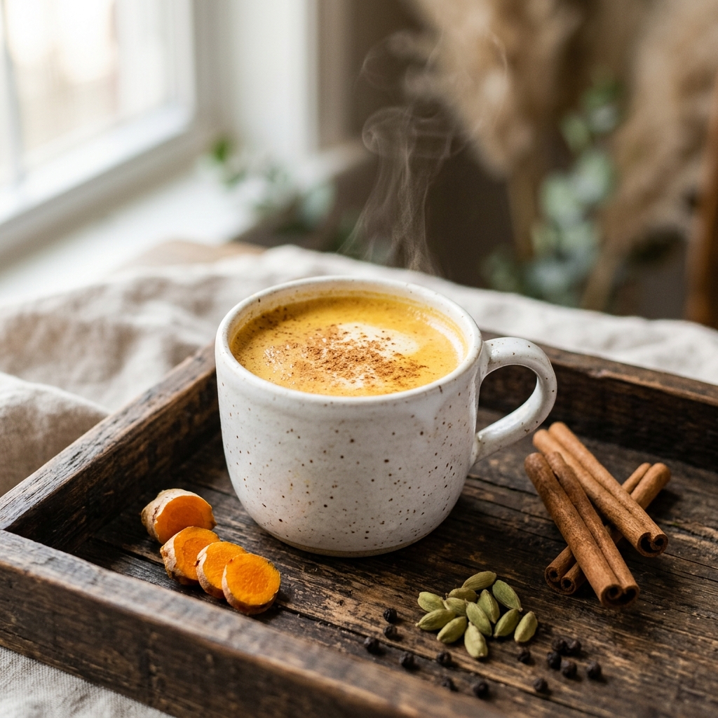 Warm golden milk haldi doodh in a mug with turmeric and spices
