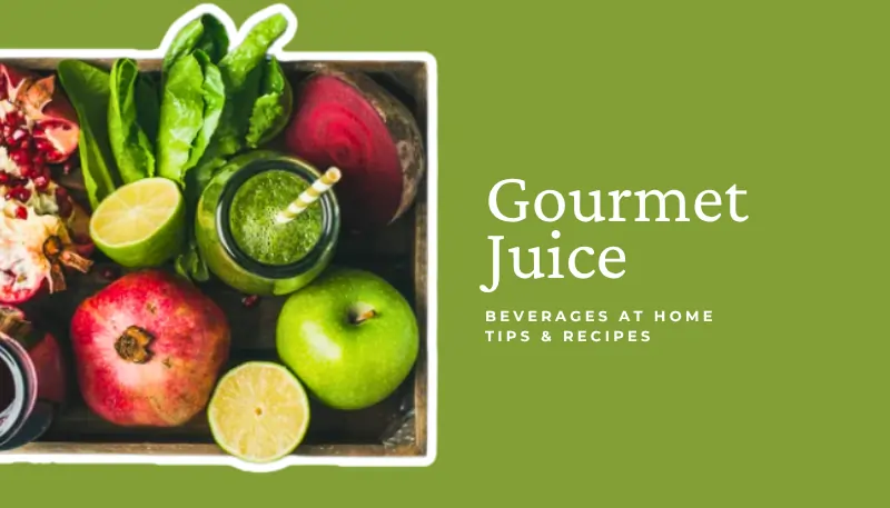 Green smoothie with apples, beet, lime and pomegranate in a tray, “Gourmet Juice” banner.