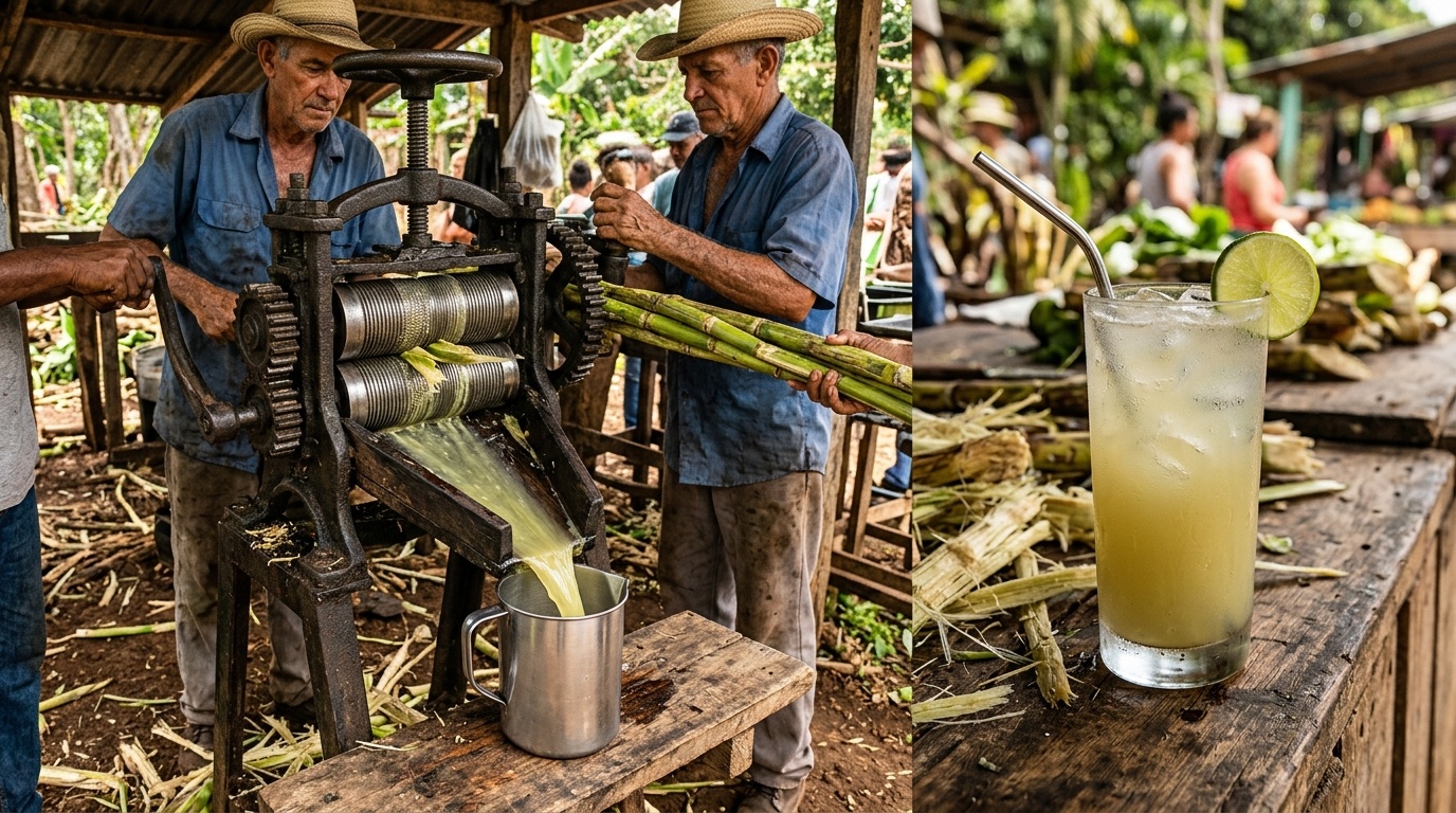 Fresh sugarcane being pressed through a trapiche with a glass of guarapo beside it