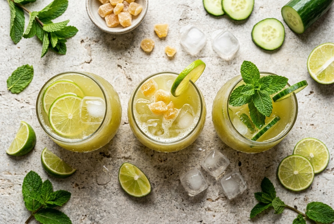 Three glasses of guarapo with lime, ginger and mint variations