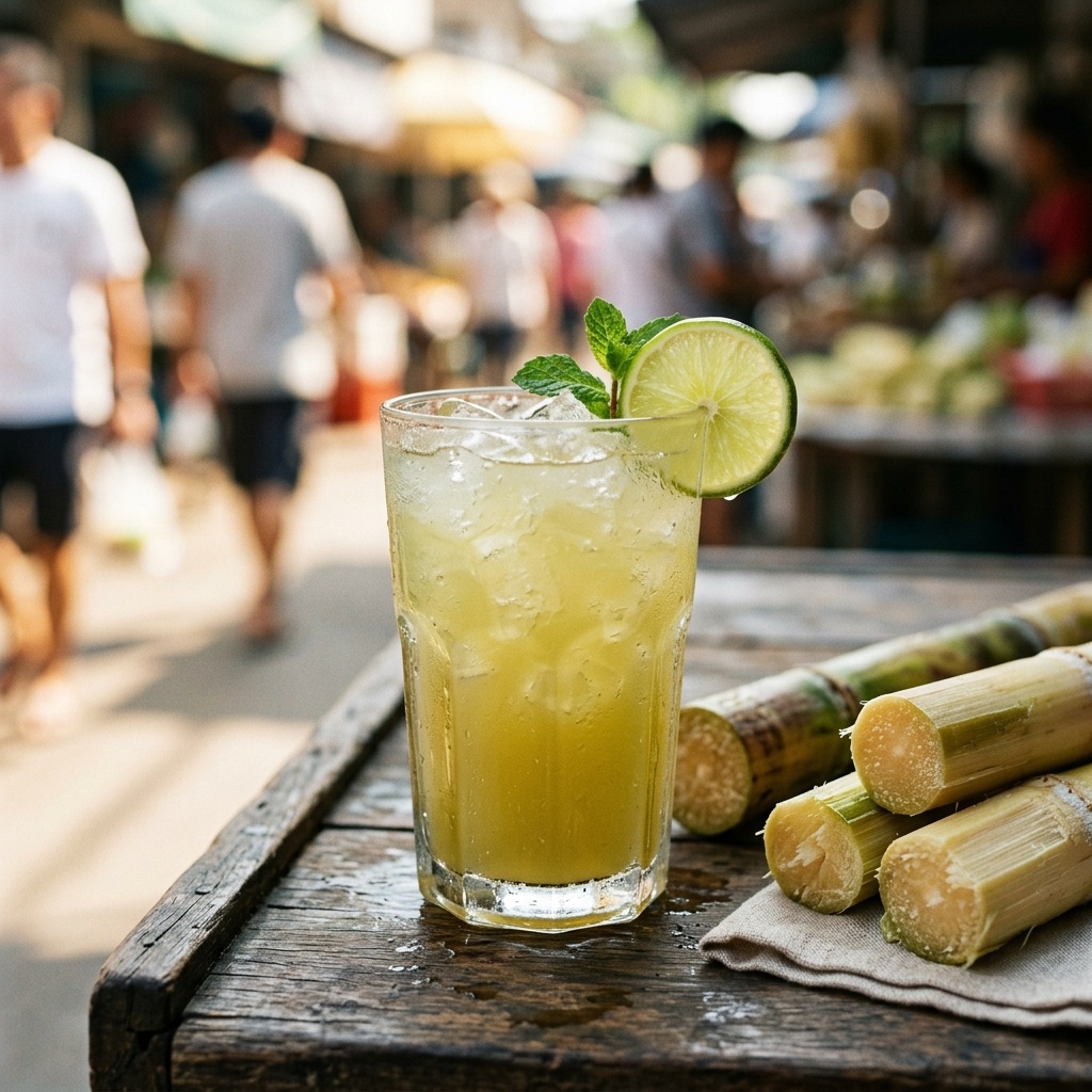 Fresh guarapo sugarcane juice over crushed ice with lime at a street stall