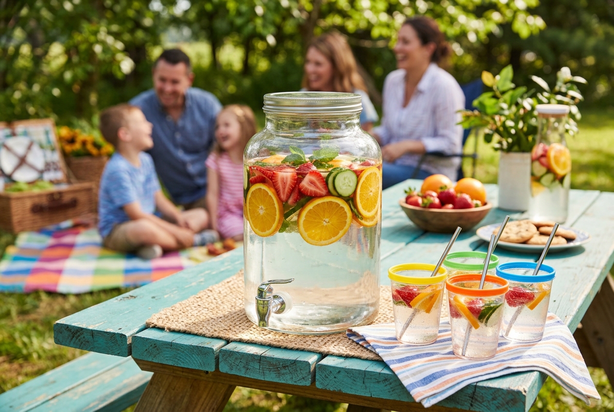 Colorful fruit-infused water pitchers and cups for children