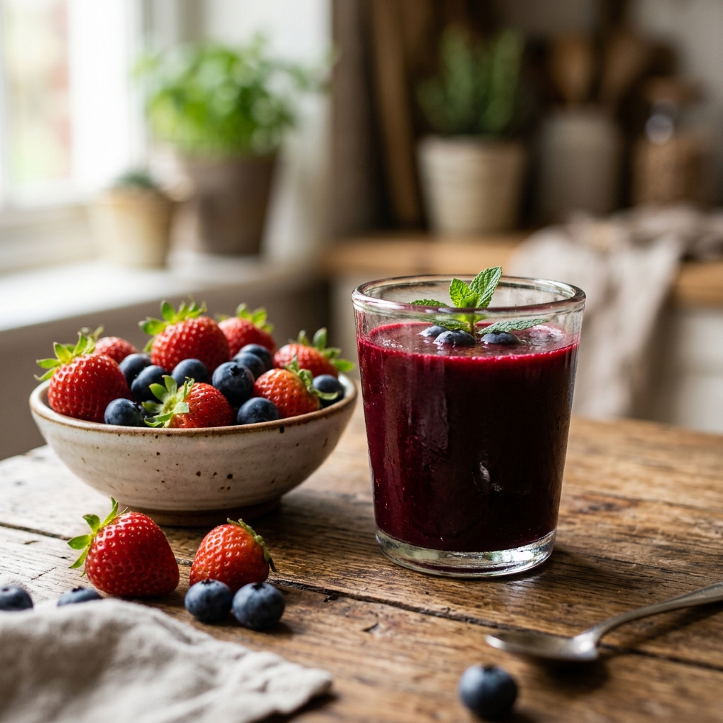 Glass of dark red beetroot berry juice next to fresh strawberries and blueberries on a wooden table