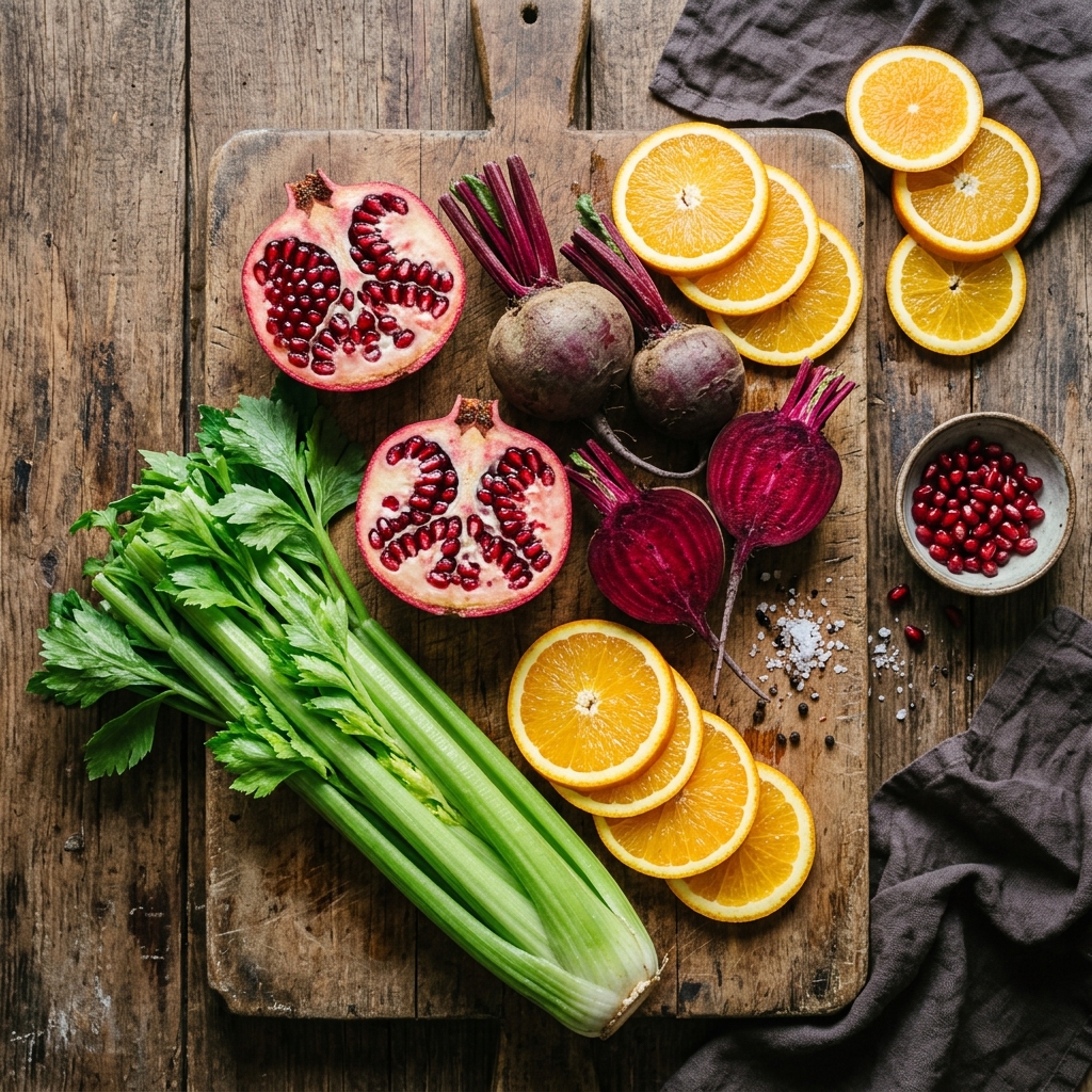 Flat-lay top-down photo of fresh celery stalks, raw beetroot, halved pomegranates, and fresh orange slices