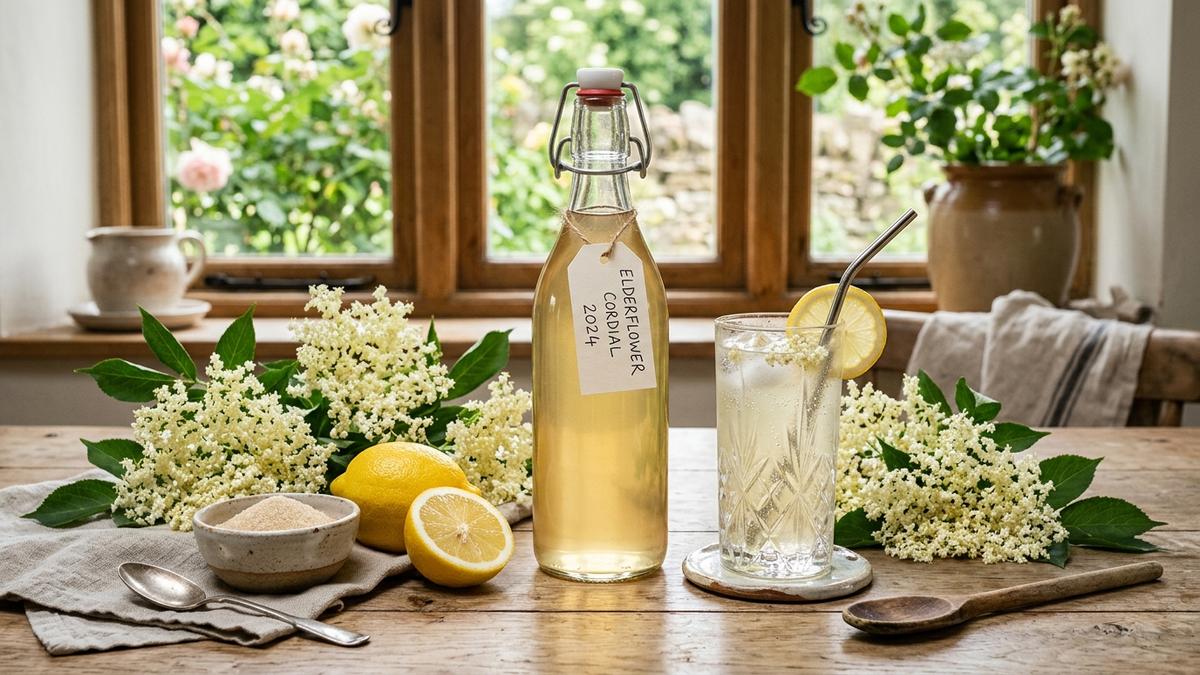 Homemade elderflower cordial in a glass bottle with lemons, sugar, and fresh elderflower blossoms