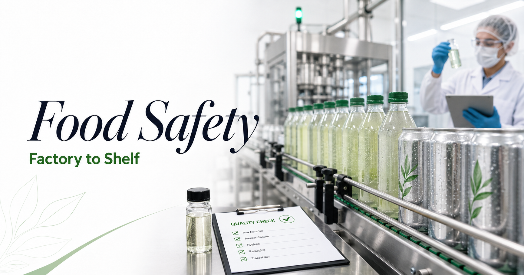 Beverage production line with bottled drinks and food safety quality checks