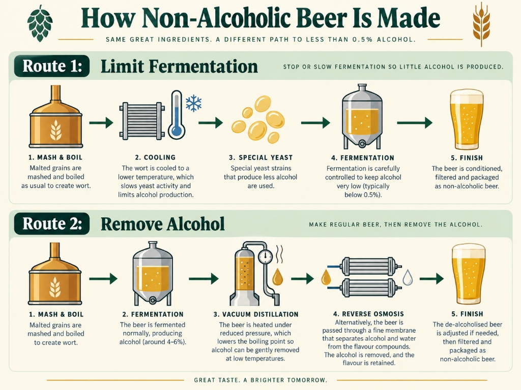 Process chart for limited fermentation and alcohol removal methods