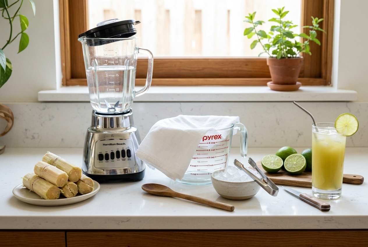 Peeled sugarcane pieces, blender, straining cloth, lime and a glass of fresh guarapo