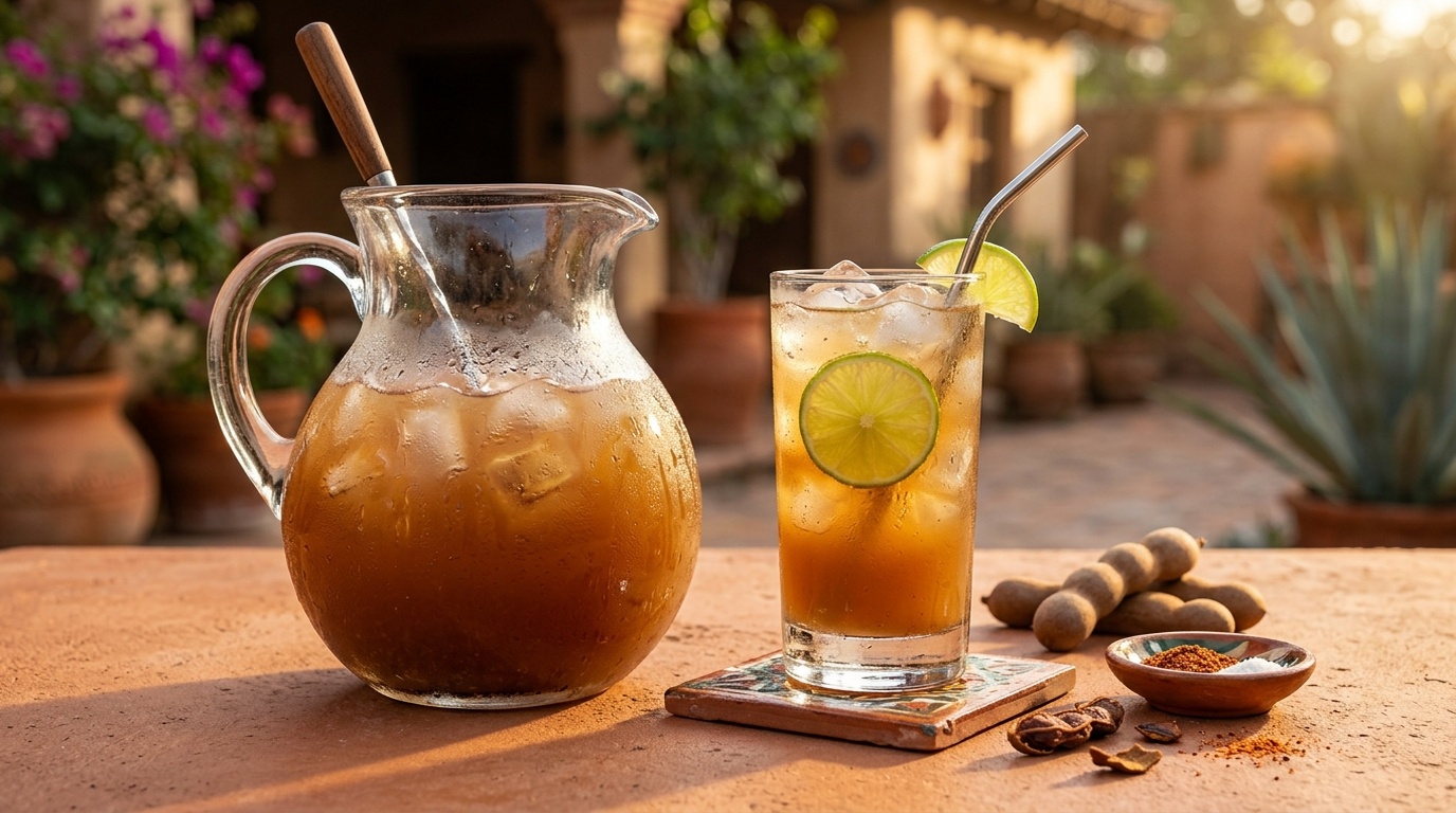Chilled pitcher and glass of iced amber tamarind water on a sunny patio table