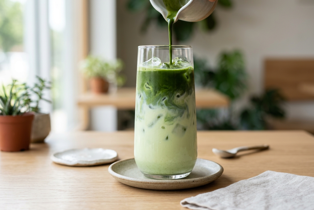 Layered iced matcha latte over pale pistachio milk in a tall glass