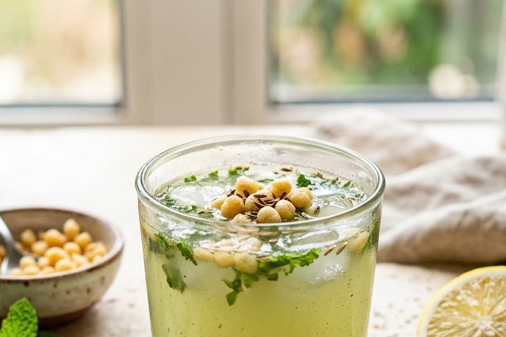 Fresh mint leaves, coriander, and ginger being blended into a smooth vibrant green jaljeera herb paste
