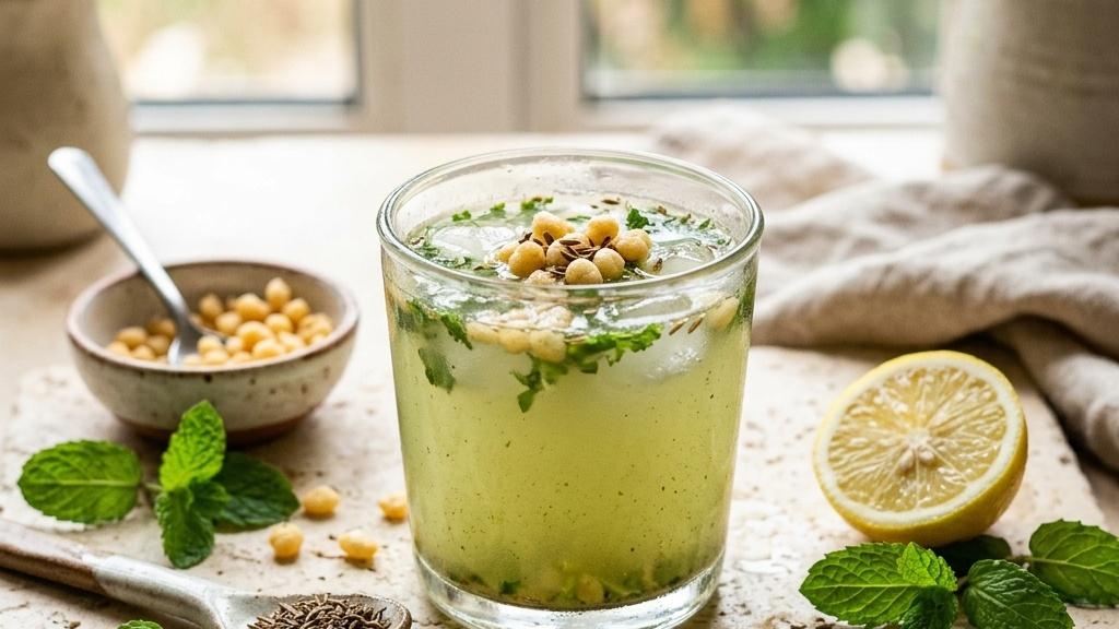 Chilled glasses of green jaljeera garnished with boondi, mint leaves, roasted cumin, and ice