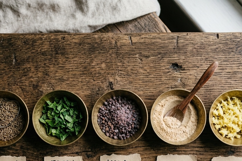 Measured spices and ingredients for authentic jaljeera in traditional brass bowls