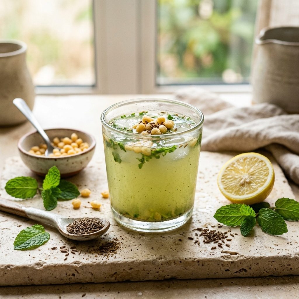 Glass of green jaljeera with mint, roasted cumin and boondi