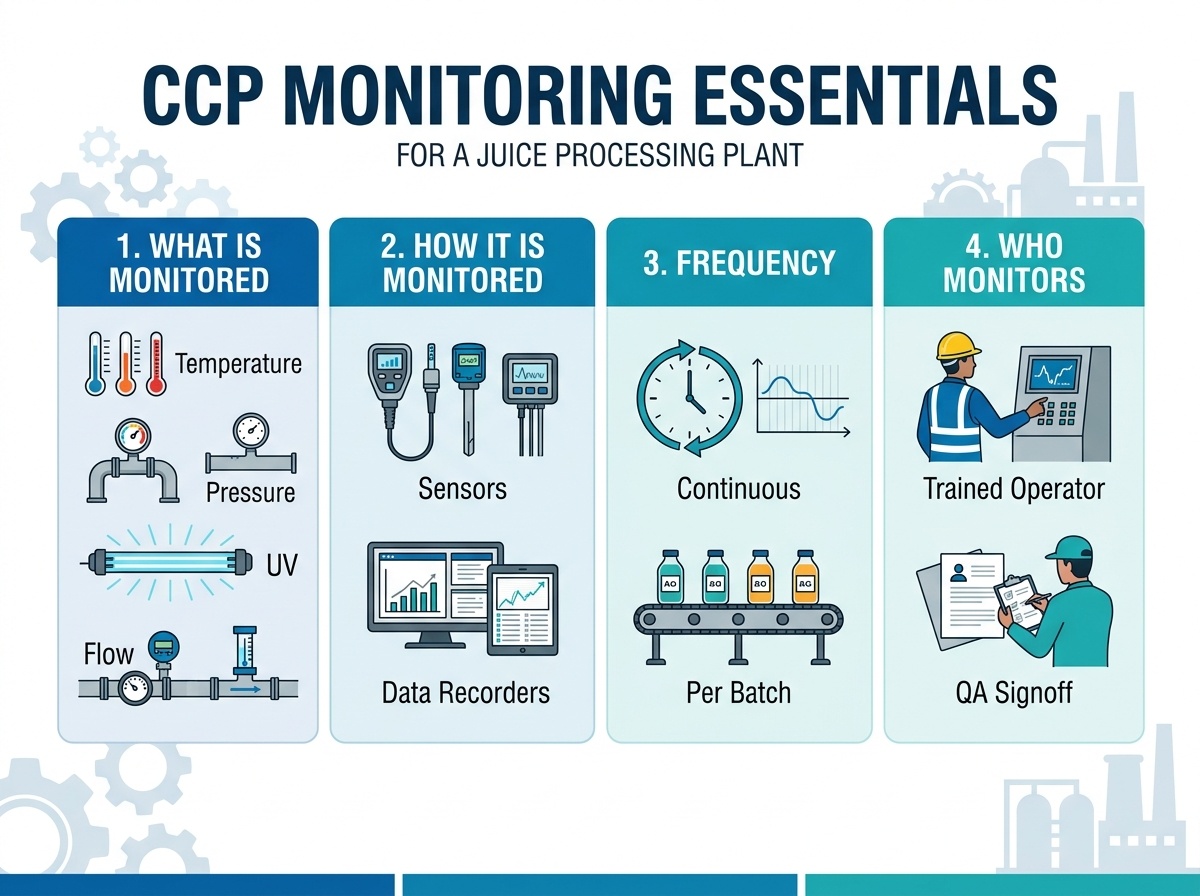CCP Monitoring Essentials infographic illustrating What, How, Frequency, and Who pillars for juice safety