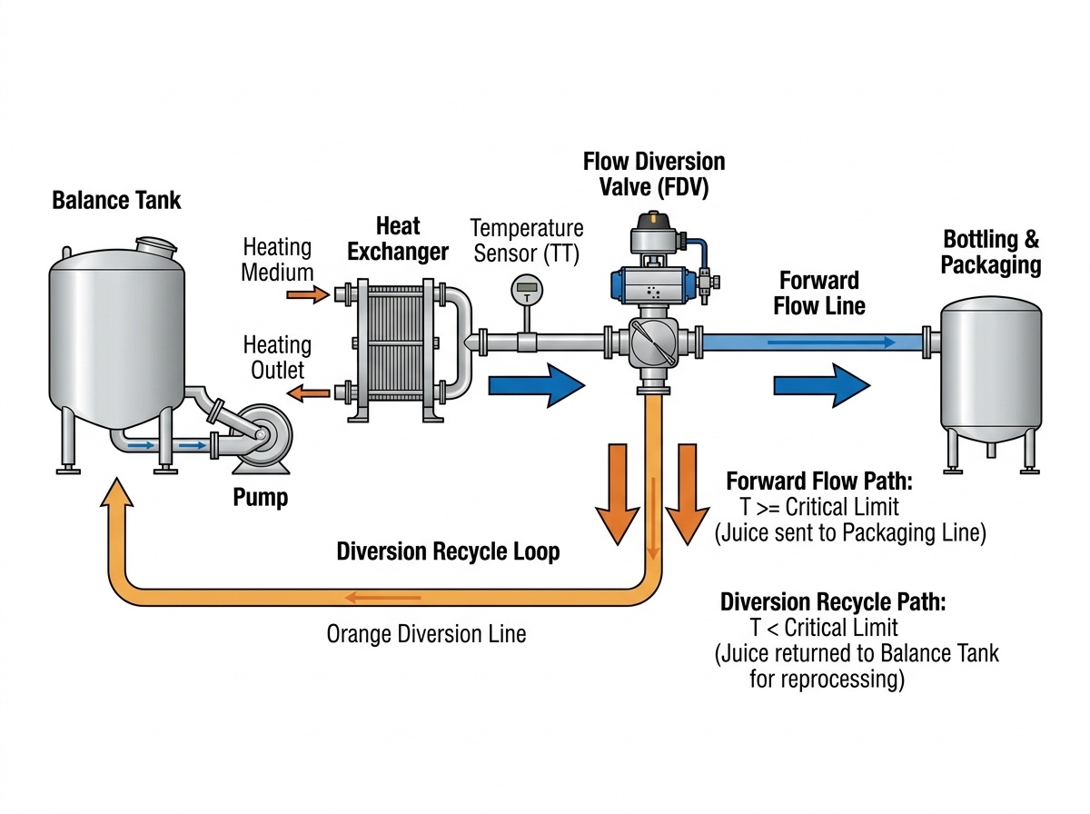 Technical diagram of a 3-way sanitary Flow Diversion Valve showing forward flow to bottling and diversion recycle loop to balance tank