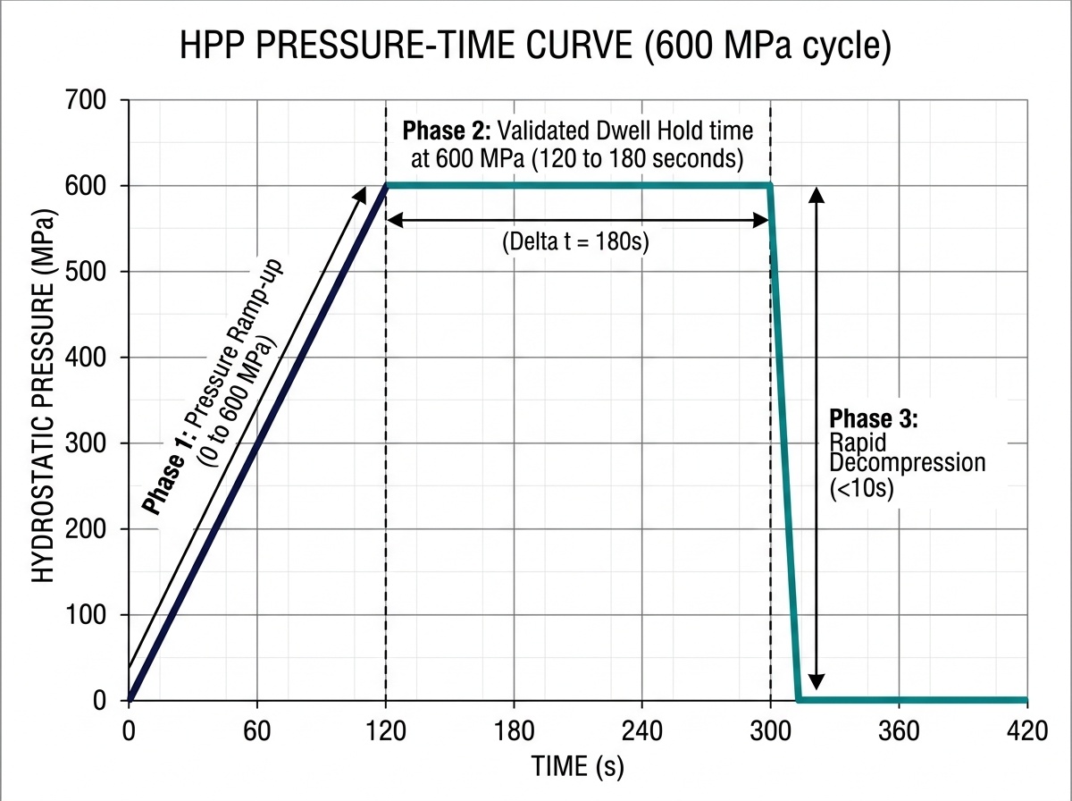 Engineering graph showing the 3 phases of an HPP pressure-time curve: Ramp-up, Validated Dwell at 600 MPa, and Decompression