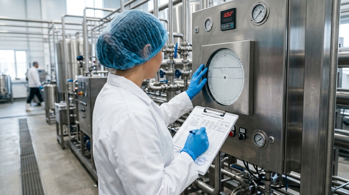 QA technician checking continuous pasteurizer temperature recorder and HACCP log in juice plant
