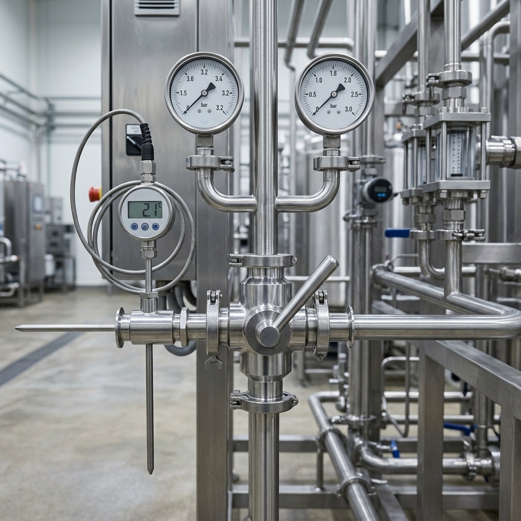 Calibrated digital thermometer probe and sanitary flow diversion valve in juice bottling facility