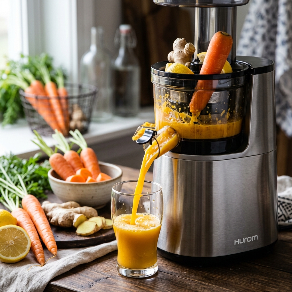 Modern juicer machine extracting fresh carrot and ginger juice with ingredients in the background