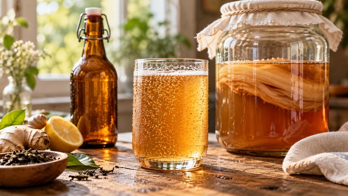 A chilled glass of fizzy amber kombucha next to a bottle and a glass fermentation jar with a SCOBY on a rustic wooden table