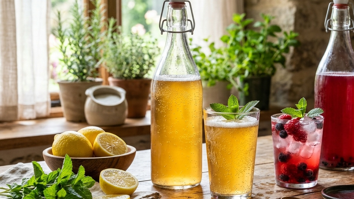 A glass of chilled sparkling kombucha with effervescent bubbles on a sunlit counter