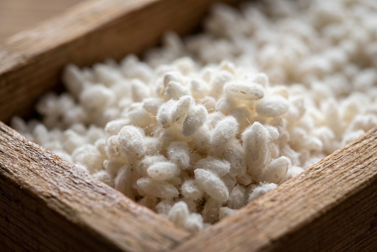 Close-up of kome koji showing white koji growth coating individual rice grains