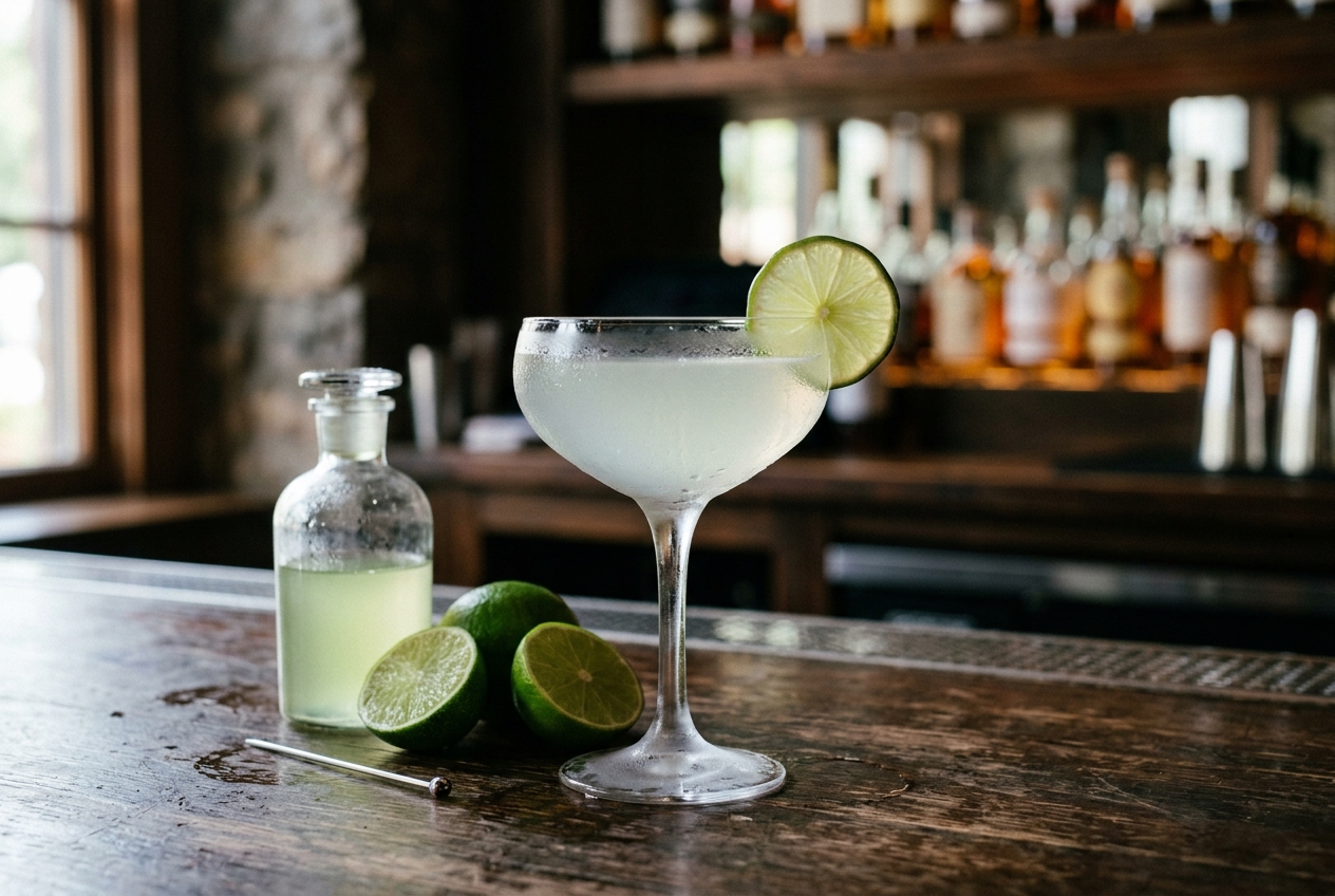 Chilled Gimlet cocktail in a coupe glass garnished with a lime wheel beside lime cordial