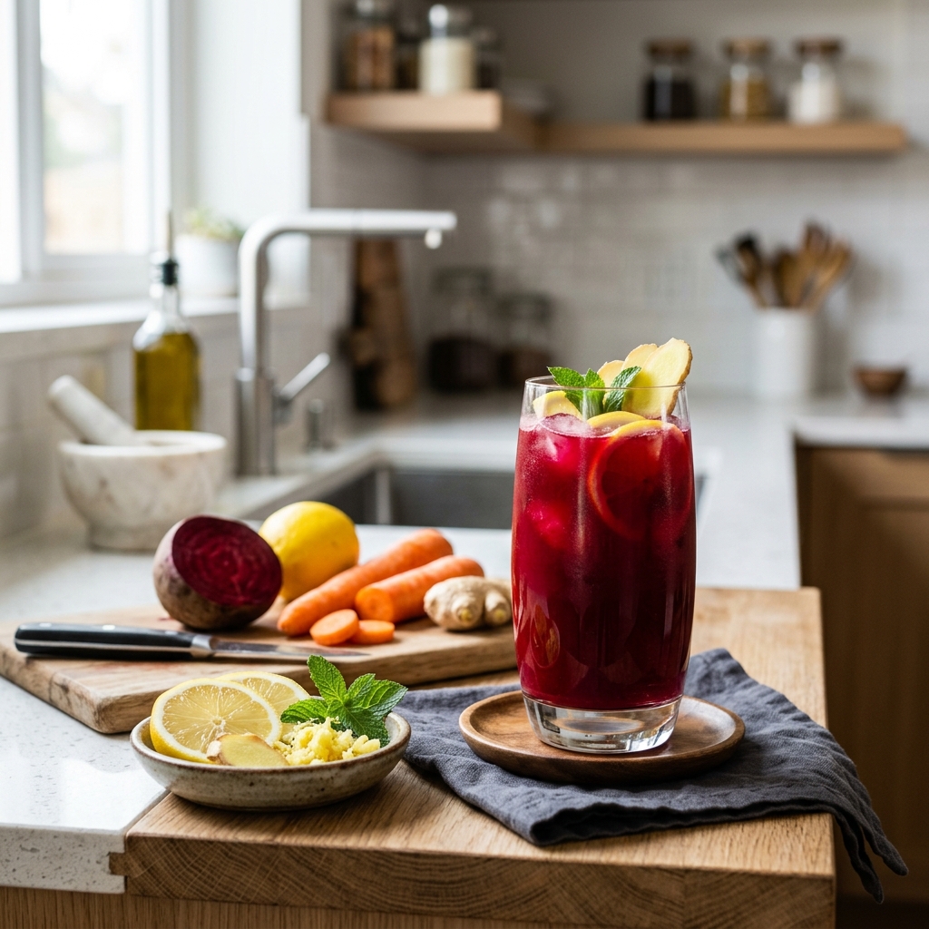 Glass of red beetroot and carrot juice with fresh ginger and lemon slices on a modern kitchen counter