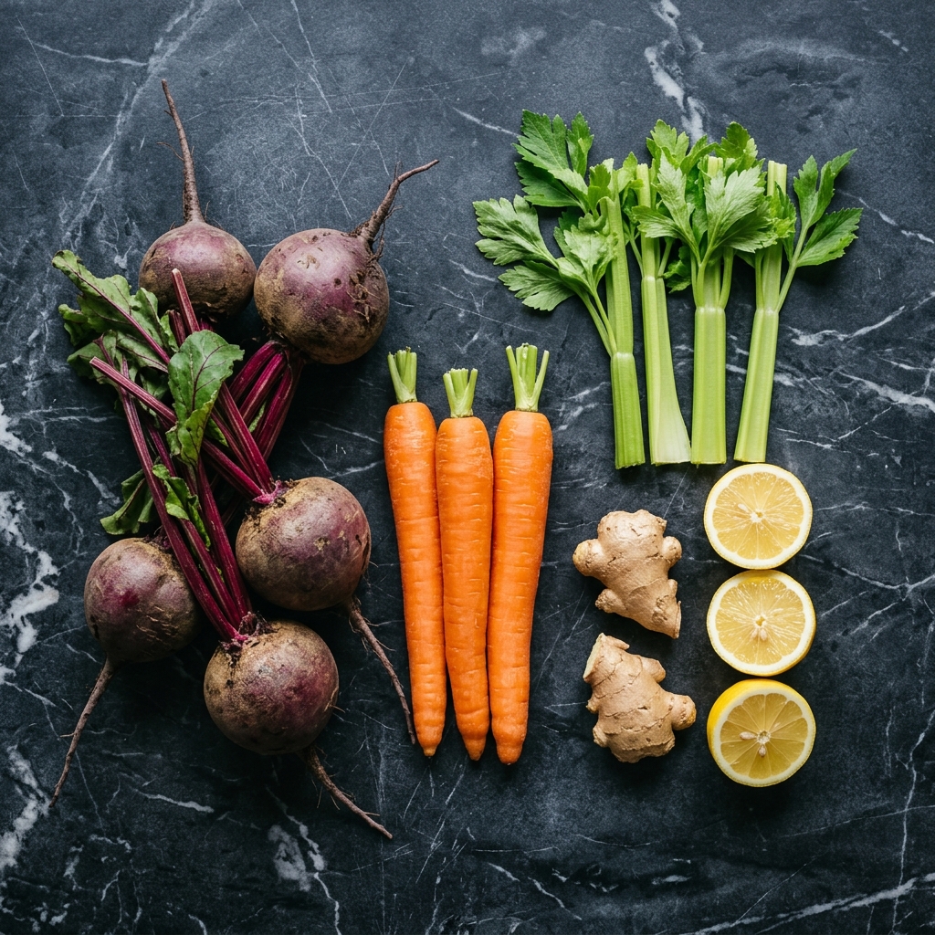 Flat-lay top-down photo of raw beetroot, celery stalks, carrots, ginger, and lemon halves arranged neatly on a dark marble surface
