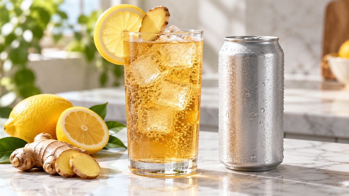 A frosted highball glass of low sugar kombucha with ice and fresh lemon next to a minimalist blank aluminum can