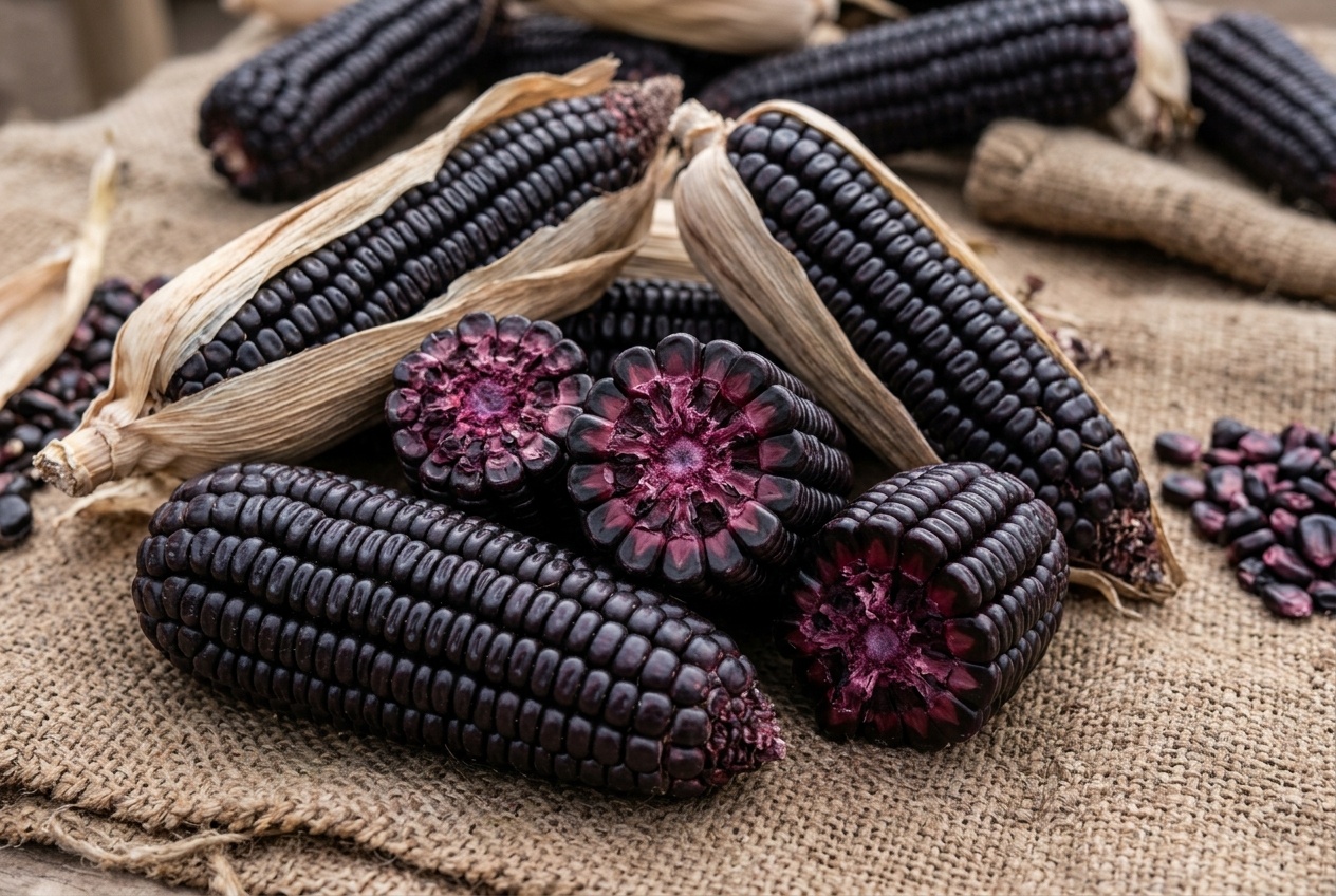 Dried Peruvian maíz morado ears showing dark purple kernels and coronta