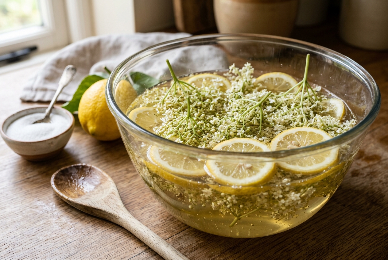 Fresh elderflower blossoms and sliced lemons steeping in sugar syrup inside a glass bowl