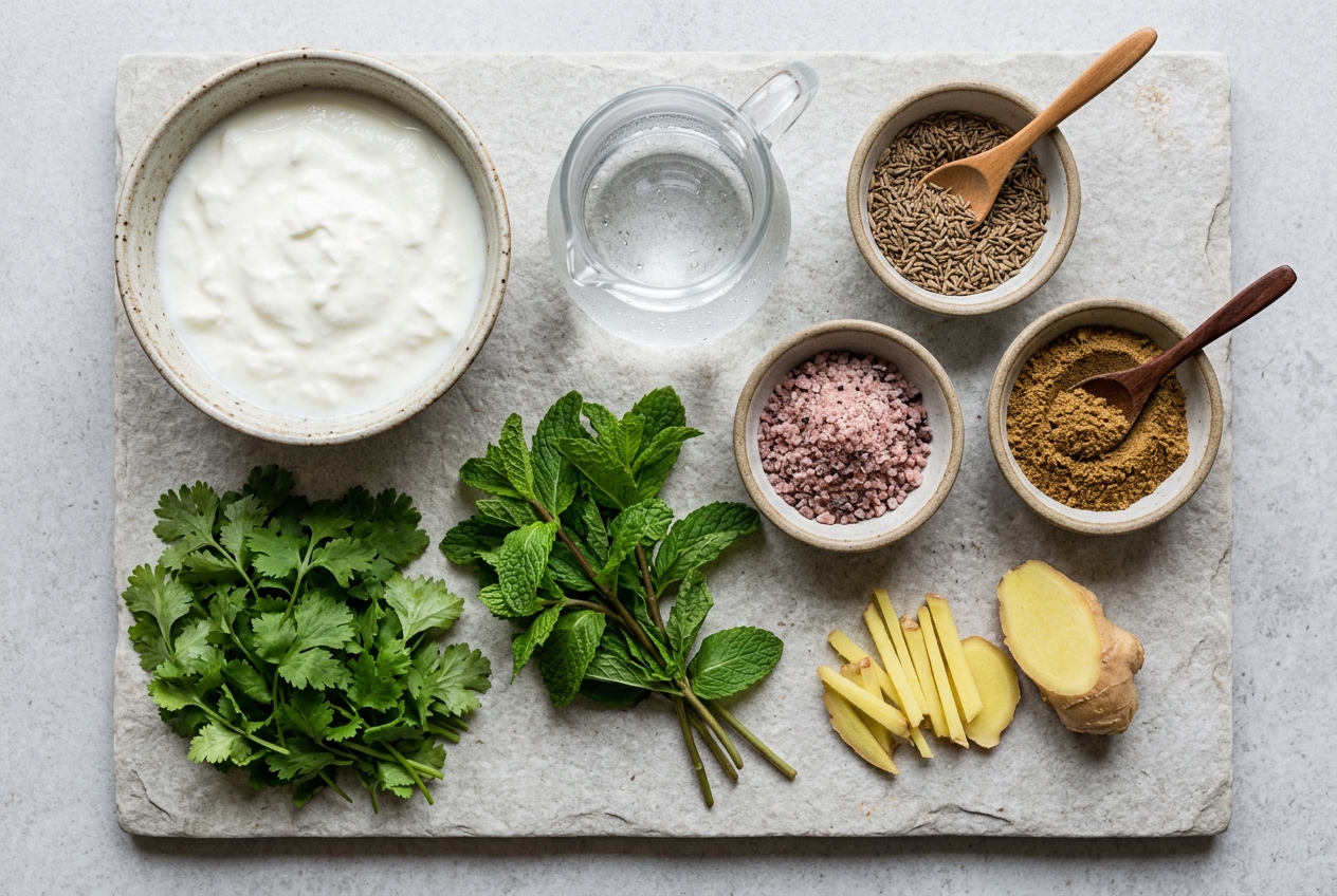 Masala chaas ingredients with yogurt, roasted cumin, coriander, mint, black salt, and ginger