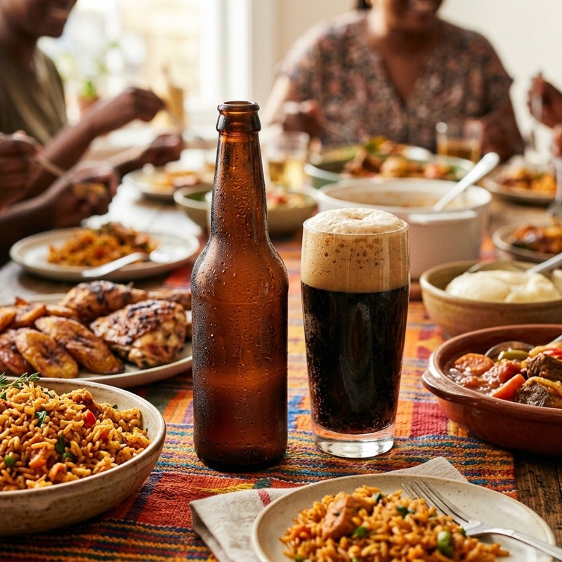 Cold glass of dark amber mauby over ice with a cinnamon stick on a Caribbean market table