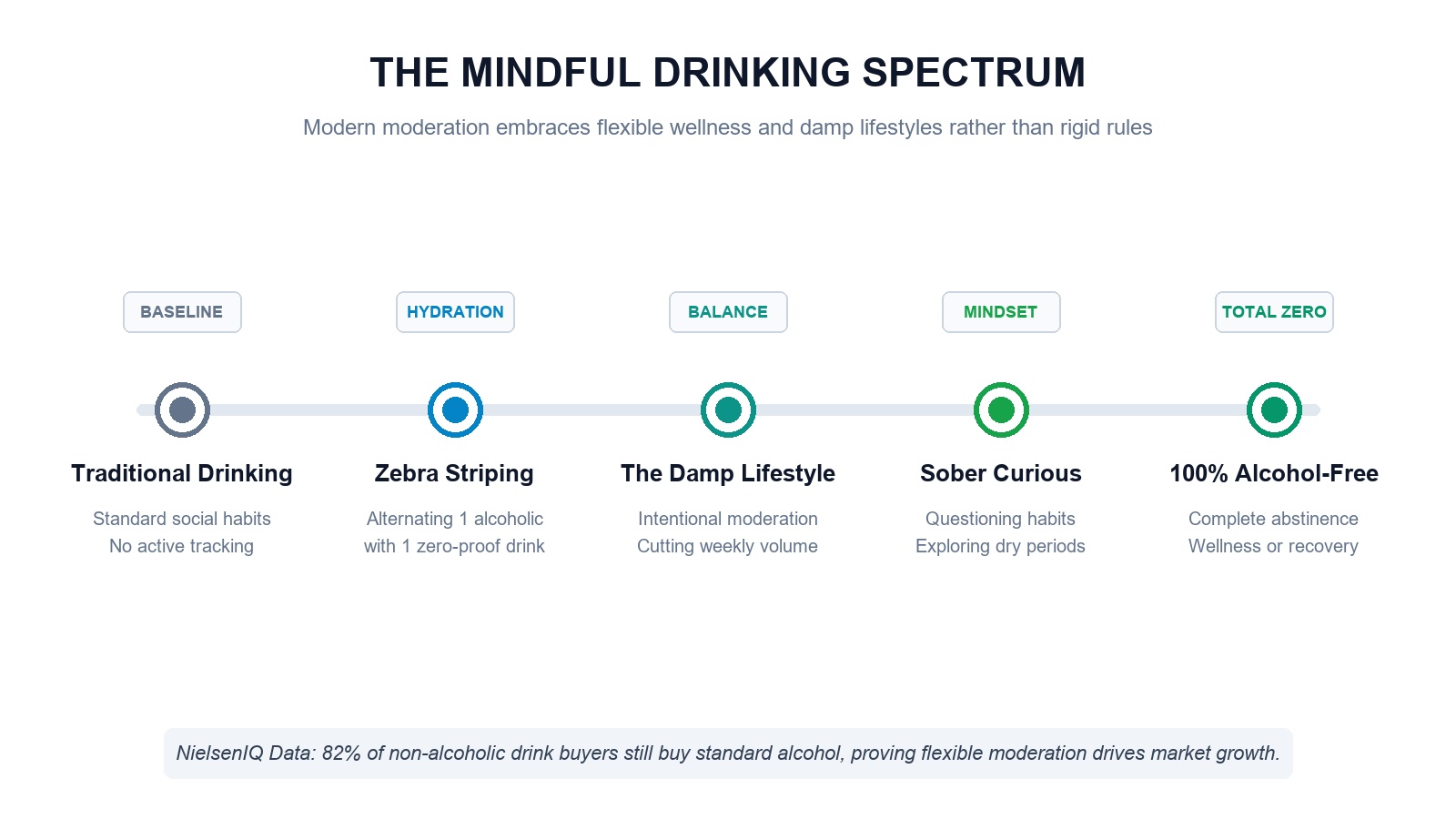 Infographic showing the spectrum of mindful drinking from zebra striping to damp lifestyles and sobriety.