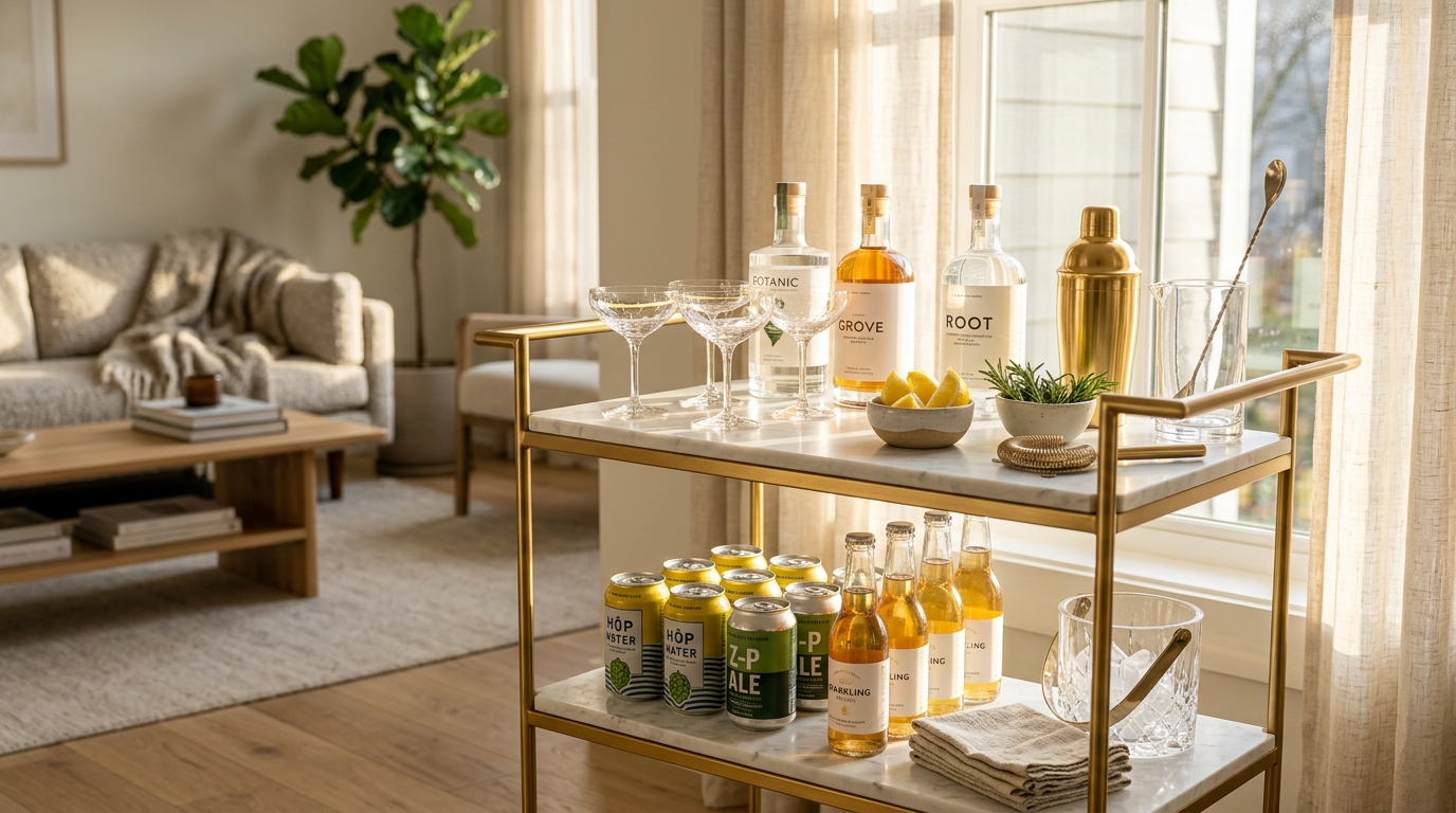 An aesthetic home bar cart stocked with non-alcoholic botanical spirits, bitters, and crystal glassware.