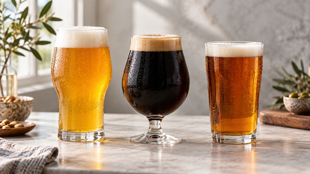 Non-alcoholic IPA, dark stout and amber lager in clean glasses