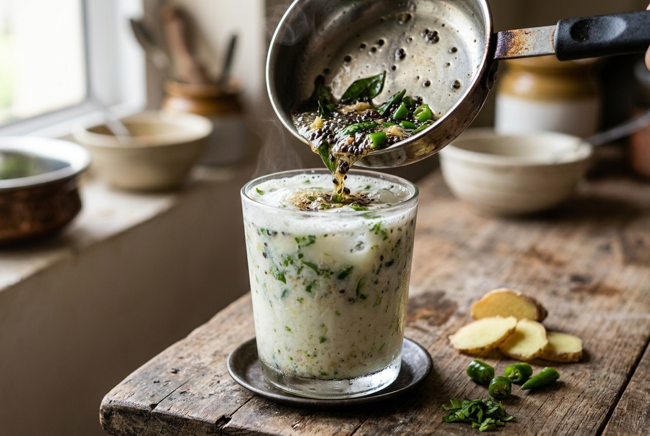 Mustard seed and curry leaf tadka being poured into South Indian neer mor buttermilk