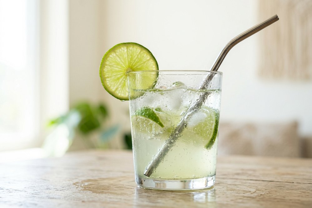 A refreshing glass of cold lime water with an eco-friendly drinking straw and fresh lime slice