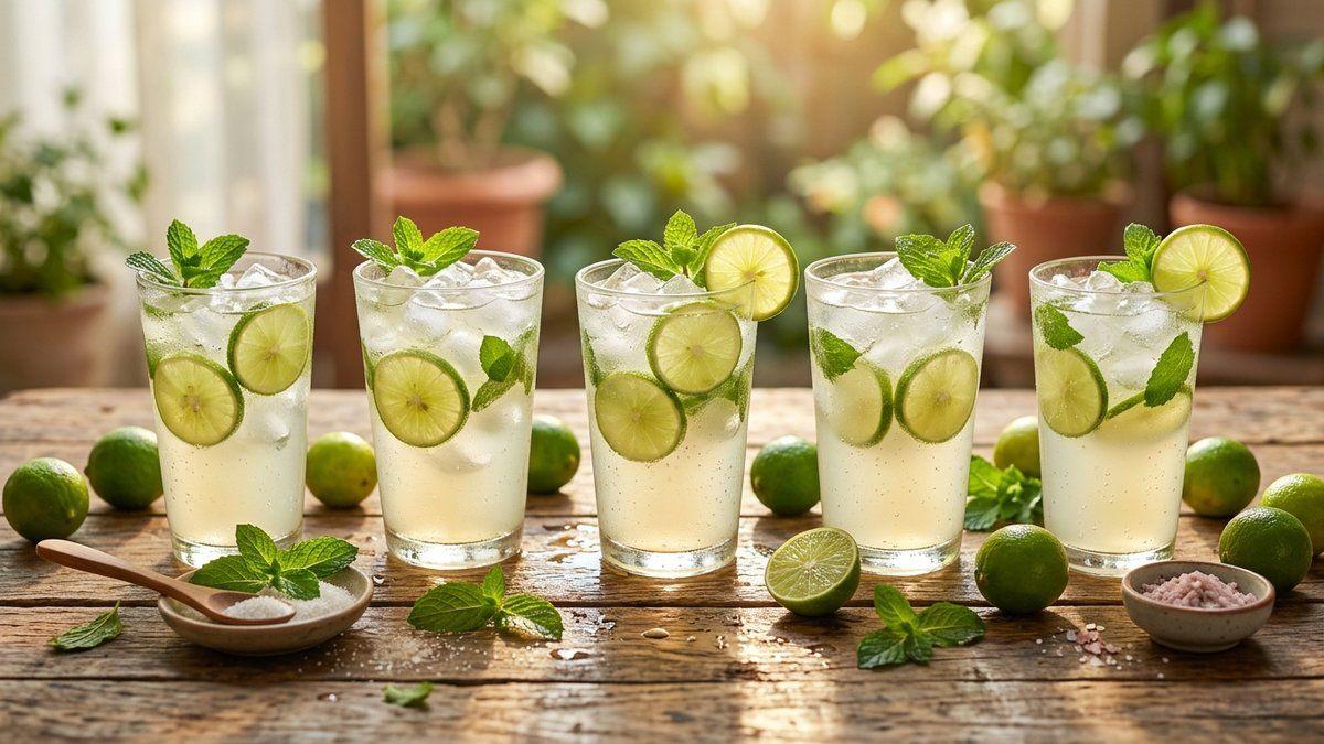Chilled glasses of refreshing Indian nimbu pani with ice cubes, lime wheels, and fresh mint sprigs