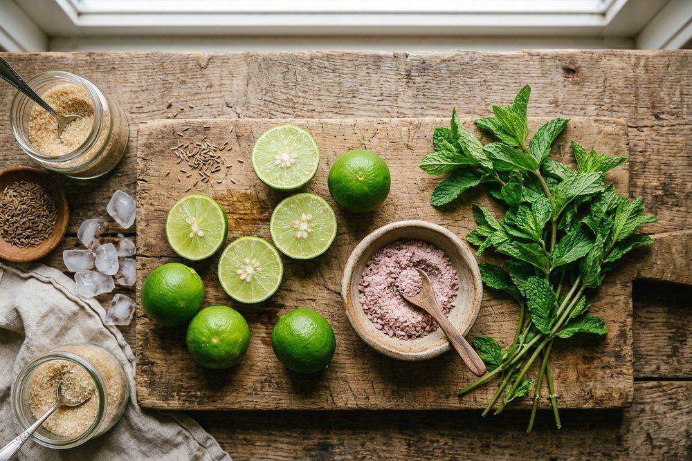 Culinary flat-lay of Indian Kagzi key limes, Himalayan black salt kala namak, cumin, and fresh mint leaves