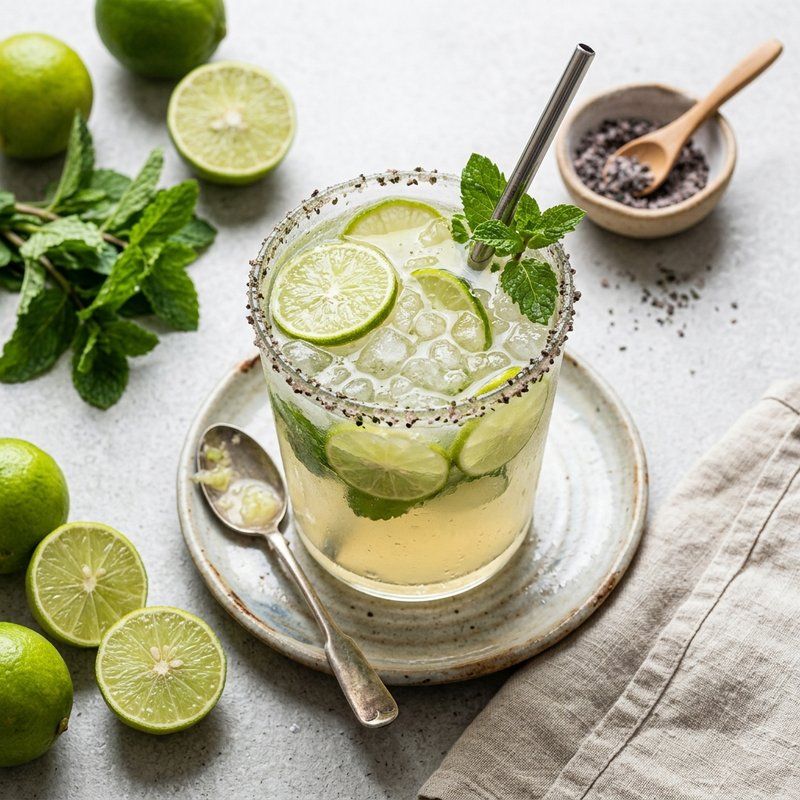 Chilled glass of fresh Indian nimbu pani with crushed ice, key lime slices, and black salt