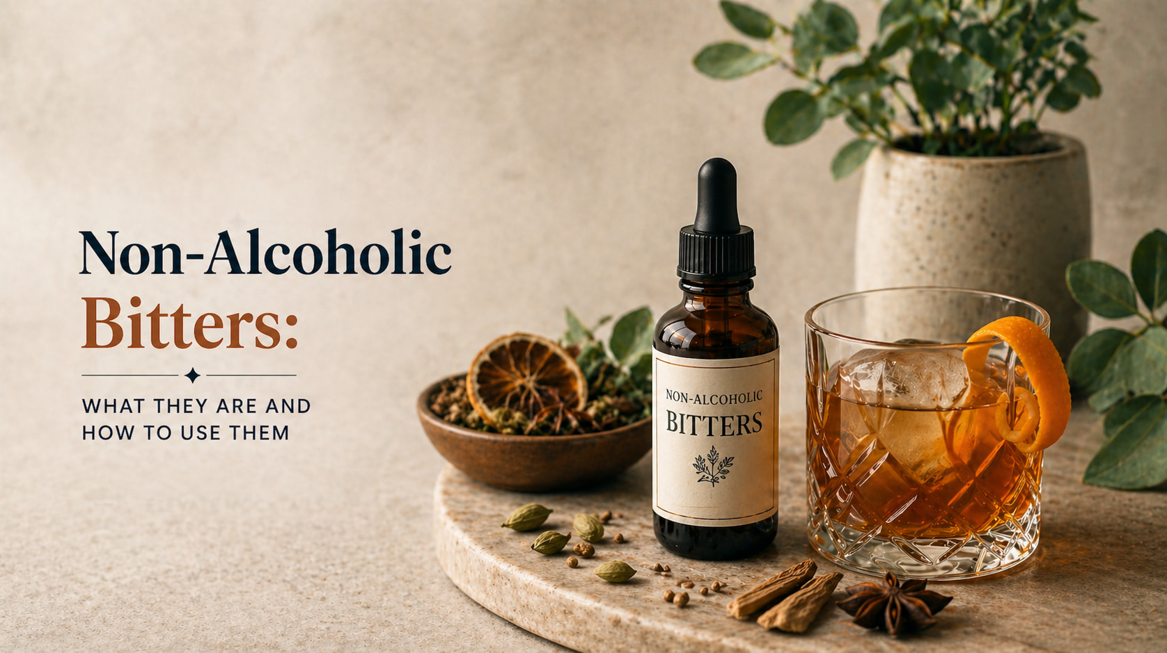Non-alcoholic bitters bottle with mocktail, botanicals, herbs, spices, and orange peel for zero-proof drinks.
