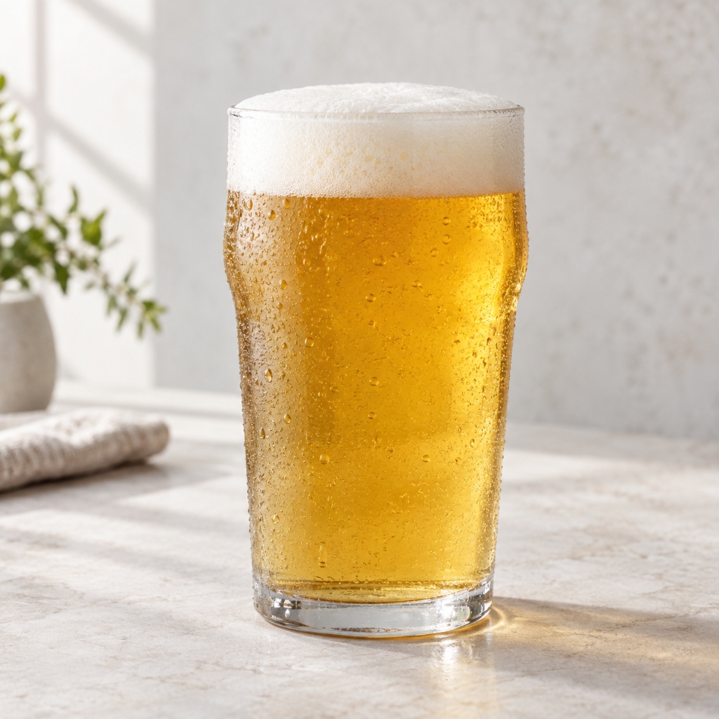 Glass of golden non-alcoholic craft beer with a white foam head
