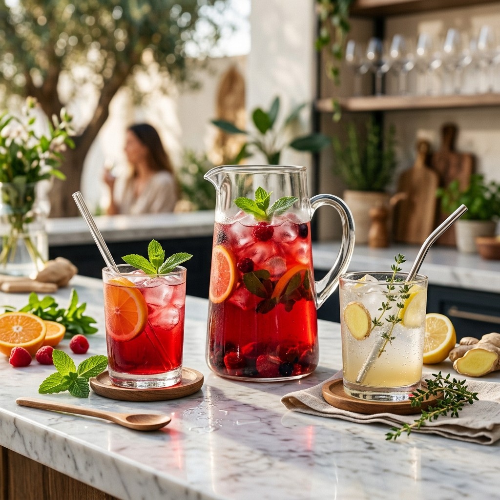 An elegant selection of colorful non-alcoholic drinks, botanical infusions, and mocktails on a marble bar counter